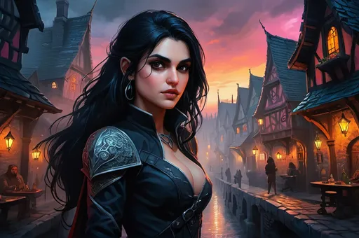 Prompt: Anya Chalotra facial twin, Detailed DnD fantasy art of a pretty heroic female dnd Rogue takes 15% of the picture, lovely facial traits, thick long tousled black hair, traditional detailed painting, intricate black leather armor,  detailed black belts, dramatic lighting, vibrant colors, high quality, game-rpg style, epic high fantasy, traditional art, detailed black leather armor, dramatic dark lighting, heroic rogue, fascinating, vibrant colors, high quality details, Dagger in the hand in a Huge very detailed DnD fantasy landscape with a murky city, detailed houses and taverns, atmospheric lighting, highres, fantasy, detailed architecture, immersive, murky tones, medieval, mysterious, foggy, bustling city, detailed alleys, ancient buildings, moody atmosphere