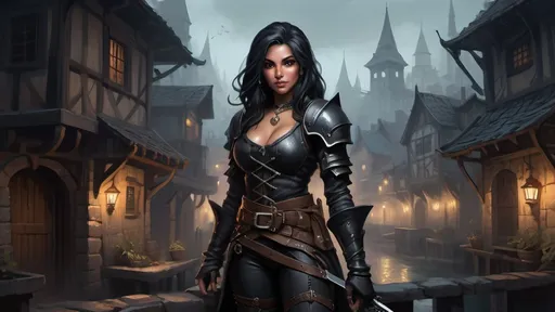 Prompt: DnD fantasy landscape with a murky city, detailed houses and taverns, atmospheric lighting, highres, fantasy, detailed architecture, immersive, murky tones, medieval, mysterious, foggy, bustling city, detailed alleys, ancient buildings, moody atmosphere, with a very small Detailed DnD fantasy art of a pretty heroic female dnd Rogue, Amita Suman facial twin, bonnie facial traits, Amita Suman body twin, black eyes, thick long tousled black hair, little cleavage, traditional detailed oil painting, intricate small black in black leather armor,  detailed black belts, dramatic lighting, dark vibrant colors, high quality, game-rpg style, epic high fantasy, traditional art, detailed black leather armor, dramatic dark lighting, heroic rogue, fascinating, high quality details, Rapier in the hand, murky urban medivial background