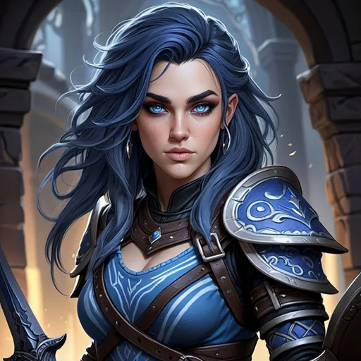 Prompt: Alissa White-Gluz, Detailed DnD fantasy art of a heroic female DnD Air Genasi Ranger, bonnie facial traits, many thick long tousled dark blue hair, lightblue grey teint, blue stripes at the skin, elven ears, blue eyes, traditional detailed painting, intricate small black leather armor, black tunic, detailed black belts, dramatic lighting, vibrant colors, high quality, game-rpg style, epic fantasy, traditional art, detailed leather armor, dramatic lighting, heroic ranger, fascinating, vibrant dark colors, high quality details