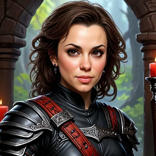 Prompt: Alyssa Milano, Detailed DnD fantasy art of a pretty heroic female dnd Halfling Rogue, beautiful facial traits, dark brown hair,  traditional detailed painting, intricate small black leather armor,  detailed black belts, dramatic lighting, vibrant colors, high quality, game-rpg style, epic high fantasy, traditional art, detailed black leather armor, dramatic dark lighting, heroic rogue, fascinating, vibrant colors, high quality details, Rapier