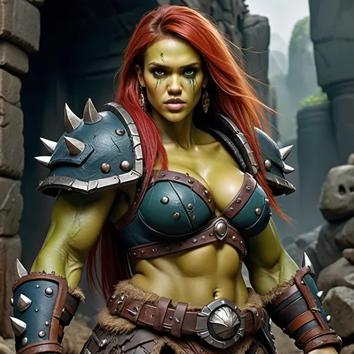 Prompt: Jessica Alba as adult female Orc, Detailed WoW fantasy art of a heroic female wild orc barbarian, lovely facial traits, green skin, red hair, detailed outstanding visible boar teeth at the mouth, detailed outstanding visible tusks at the mouth, traditional detailed painting, intricate small black leather armor, detailed black belts, dramatic lighting, dark vibrant colors, high quality, game-rpg style, epic fantasy, traditional art, detailed dark leather armor, dramatic lighting, heroic strong barbarian, fascinating dry muscles, large biceps, strong underarms, low body fat, vibrant colors, high quality details, impressive warhammer