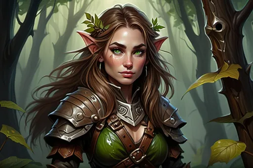 Prompt: Detailed DnD fantasy art of a pretty heroic female wood gnome druid, Claire Forlani facial twin, cute facial traits, green eyes, thick long tousled syringa hair, little cleavage, traditional detailed oil painting, intricate small brown leather armor, detailed black belts, dramatic lighting, dark vibrant colors, high quality, game-rpg style, epic high fantasy, traditional art, detailed brown leather armor, dramatic dark lighting, heroic druid, fascinating, high quality details, wandering staff in the hand, in a murky forest background in a DnD fantasy landscape with detailed plants and trees, atmospheric lighting, highres, fantasy,  immersive, murky tones, medieval, mysterious, foggy, moody atmosphere, little birds flying around, dragonflies and butterflies flying around