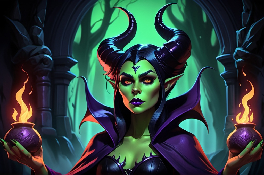 Prompt: Animatic Maleficent-inspired, dark whole body fantasy illustration of a powerful animated oldschool Disney sorceress, whole body Tatiana Shmayluk, mean facial traits, green skin, green teint, red lips, high cheekbones, leathery huge black demonwings, ominous and magical atmosphere, rich dull purple and black tones, murky mystical forest setting, intricate and detailed horns, piercing and intense gaze, flowing and dramatic purple cloak, high-quality, digital painting, fantasy, dark tones, magical, detailed horns, powerful sorceress, atmospheric lighting, skulls and bones laying around, huge cauldron with green liquid and black steam