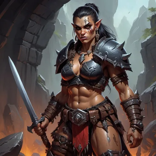 Prompt: Detailed DnD fantasy art of a heroic female dnd half orc barbarian, traditional detailed painting,  intricate small black leather armor, detailed black belts, dramatic lighting, vibrant colors, high quality, game-rpg style, epic fantasy, traditional art,  detailed dark leather armor, dramatic lighting, heroic barbarian, fascinating dry muscles, low body fat, vibrant colors, high quality details, 