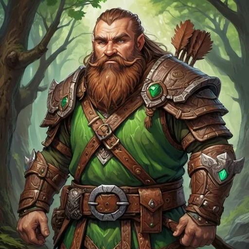 Prompt: Detailed DnD fantasy art of a heroic male dnd dwarf druid, weathered skin, traditional detailed painting,  intricate brown leather armor, detailed green belts, dramatic lighting, vibrant colors, high quality, game-rpg style, epic fantasy, traditional art,  detailed armour, dramatic lighting, heroic druid,  vibrant colors, high quality details,