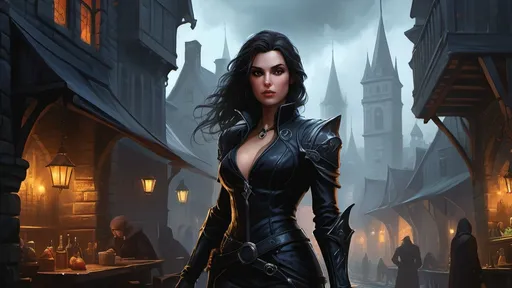 Prompt: Detailed DnD fantasy art of a pretty heroic female dnd Assassin, Natalie Portmann facial twin urgent, stunning facial traits, Natalie Portmann slender body twin, black eyes, thick long tousled darkbrown hair, small cleavage, slender body, traditional detailed oil painting, intricate small black in black leather armor,  detailed black belts, dramatic lighting, dark vibrant colors, high quality, game-rpg style, epic high fantasy, traditional art, detailed black leather armor, dramatic dark lighting, heroic assassin, fascinating, high quality details, Dagger in the hand in  a Huge very detailed DnD fantasy landscape with a murky city, detailed houses and taverns, atmospheric lighting, highres, fantasy, detailed architecture, immersive, murky tones, medieval, mysterious, foggy, bustling city, detailed alleys, ancient buildings, moody atmosphere