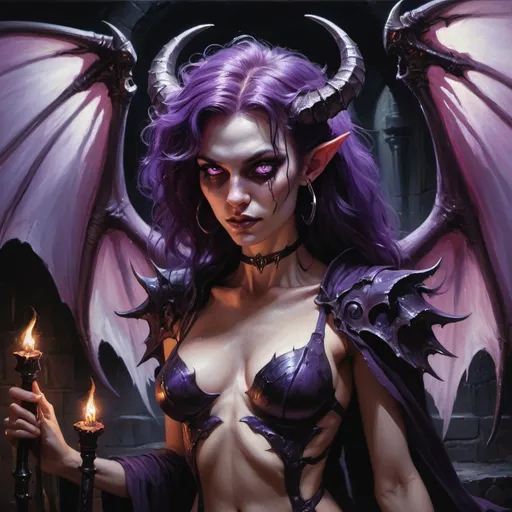 Prompt: DnD succubus in a dimly lit dungeon, oil painting, detailed huge devilwings with iridescent highlights, flowing and exploding thick purple tousled hair and piercing eyes, high quality, oil painting, scythe in the hand, fantasy, dark tones, murky atmospheric lighting, detailed features, alluring, fantasy art, mystical, atmospheric, dramatic lighting