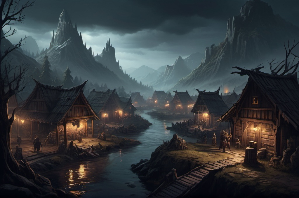 Huge Faerun Wooden Landscape with dramatic lighting,...