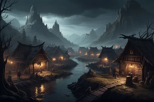 Prompt: Huge Faerun Wooden Landscape with dramatic lighting, human village, rivers, Dnd monsters who fight against adventurers, dark vibrant colors, high quality, game-rpg style, epic high fantasy, traditional art, dramatic dark lighting, fascinating, high quality details, in a murky background, atmospheric lighting, highres, fantasy,  immersive, murky tones, mysterious, foggy, moody atmosphere, orcs are doing raid