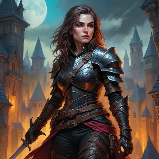 Prompt: Detailed DnD fantasy art of a heroic female rogue, traditional painting, mystical city background, intricate black leather armor and dagger weaponry, dramatic lighting, vibrant colors, high quality, game-rpg style, epic fantasy, traditional art, mystical city, detailed armor, dramatic lighting, heroic rogue, vibrant colors, high quality