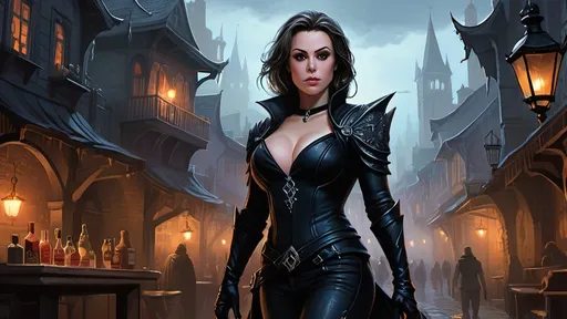 Prompt: Detailed DnD fantasy art of a pretty heroic female dnd Assassin, Alyssa Milano facial twin urgent, stunning facial traits, Alyssa Milano slender body twin, black eyes, thick long tousled darkbrown hair, small cleavage, slender body, traditional detailed oil painting, intricate small black in black leather armor,  detailed black belts, dramatic lighting, dark vibrant colors, high quality, game-rpg style, epic high fantasy, traditional art, detailed black leather armor, dramatic dark lighting, heroic assassin, fascinating, high quality details, Dagger in the hand in  a Huge very detailed DnD fantasy landscape with a murky city, detailed houses and taverns, atmospheric lighting, highres, fantasy, detailed architecture, immersive, murky tones, medieval, mysterious, foggy, bustling city, detailed alleys, ancient buildings, moody atmosphere