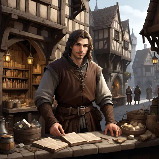 Prompt: Detailed DND merchant in medieval city landscape, darkbrown hair, rugged clothes, behind a sales table, many items on the table, murky lighting, medieval streets, medieval buildings, many inhabitants in background, high quality, detailed, medieval, fantasy, detailed hair, traditional, atmospheric lighting, detailed scenery