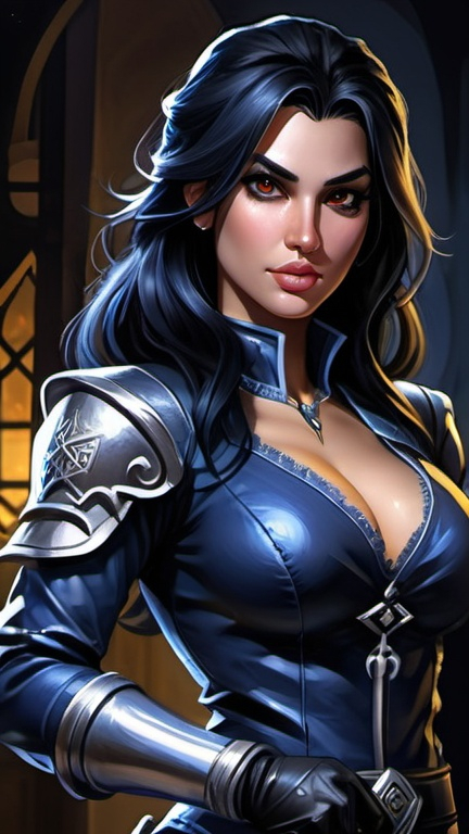 Prompt: Detailed DnD fantasy art of a pretty heroic female dnd Rogue, Amita Suman facial twin, bonnie facial traits, darkbrown eyes, thick long tousled black hair, little cleavage, traditional detailed oil painting, intricate small black in midnightblue leather armor,  detailed black in midnightblue belts, dramatic lighting, dark vibrant colors, high quality, game-rpg style, epic high fantasy, traditional art, detailed black leather armor, dramatic dark lighting, heroic rogue, fascinating, high quality details, Rapier in the hand, murky urban arabic background