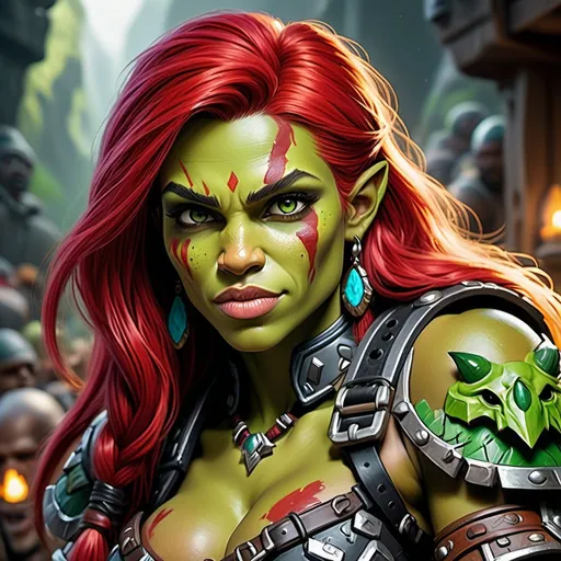 Prompt: Detailed DnD fantasy art of a cute pretty heroic female dnd half orc barbarian, lovely facial traits, green skin, red hair, detailed visible boar teeth at the mouth, detailed visible tusks at the mouth, traditional detailed painting, intricate small black leather armor, detailed black belts, dramatic lighting, vibrant colors, high quality, game-rpg style, epic fantasy, traditional art, detailed dark leather armor, dramatic lighting, heroic barbarian, fascinating dry muscles, large biceps, strong underarms, low body fat, vibrant colors, high quality details, impressive warhammer in the hand