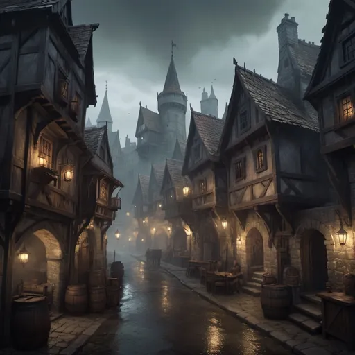 Prompt: DnD fantasy landscape with a murky city, detailed houses and taverns, atmospheric lighting, highres, fantasy, detailed architecture, immersive, murky tones, medieval, mysterious, foggy, bustling city, detailed alleys, ancient buildings, moody atmosphere