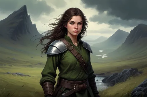 Prompt: Background in dramatic Scottish scenery, dark vibrant colors, high quality, game-rpg style, epic high fantasy, traditional art, dramatic dark lighting, heroic fighter, fascinating, high quality details, atmospheric lighting, highres, fantasy,  immersive, murky tones, medieval, mysterious, foggy, moody atmosphere, Young Kelly McDonald, Detailed DnD fantasy art of a cute heroic female fighter in the landscape, green eyes, thick long tousled darkbrown hair, traditional detailed oil painting, low body fat, intricate detailed typical Scottish mens clothes, detailed black belts