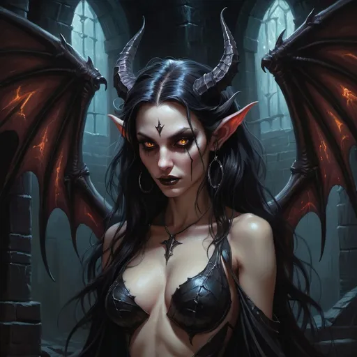Prompt: DnD succubus in a dimly lit dungeon, oil painting, detailed huge devilwings with iridescent highlights, flowing thick black touseld hair and piercing eyes, high quality, oil painting, fantasy, dark tones, murky atmospheric lighting, detailed features, alluring, fantasy art, mystical, atmospheric, dramatic lighting