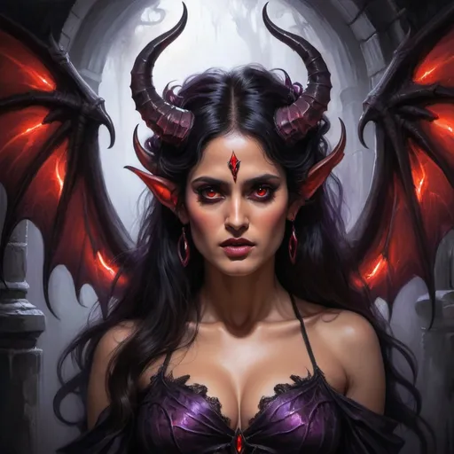Prompt: Full body Succubus in a dimly lit dungeon, oil painting, Salma Hayek facial twin, pretty facial traits, detailed overdimensional huge devilwings with iridescent highlights, flowing and exploding thick black tousled hair, purple corsage, high quality, oil painting, fantasy, murky atmospheric lighting, detailed features, alluring, fantasy art, mystical, atmospheric, glowing red eyes, devilish horns and wings, mystical aura, shadowy and atmospheric lighting, high quality, traditional sketch, mystical, pencil drawing, devilish horns, sultry, intricate, dark and moody, atmospheric lighting