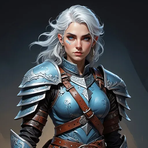 Prompt: Detailed DnD whole body fantasy art of a pretty heroic female dnd Air Genasi Ranger, lovely facial traits, many blue in white hair, lightblue grey teint, lightblue grey skin, traditional detailed painting, intricate small 
dark leather armor, black shirt, detailed black belts, dramatic lighting, vibrant colors, high quality, game-rpg style, epic fantasy, traditional art, detailed leather armor, dramatic lighting, heroic ranger, fascinating, vibrant colors, high quality details, scimitars in belt