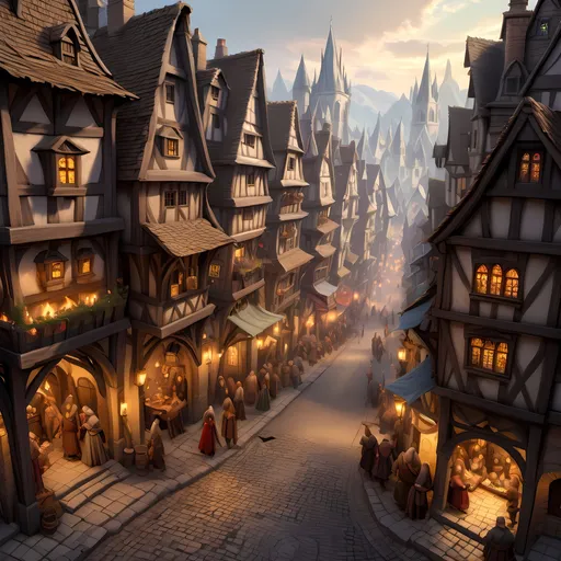 Prompt: Medieval D&D fantasy cityscape with bustling city, aerialview, detailed architecture and cobblestone streets, lively townsfolk in period variant clothing, mystical fantasy lighting, high quality, detailed medieval architecture, lively townsfolk, fantasy landscape, mystical lighting