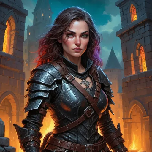 Prompt: Detailed DnD fantasy art of a heroic female rogue, traditional painting, mystical city background, intricate black leather armor and dagger weaponry, dramatic lighting, vibrant colors, high quality, game-rpg style, epic fantasy, traditional art, mystical city, detailed armor, dramatic lighting, heroic rogue, vibrant colors, high quality