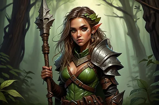 Prompt: Detailed DnD fantasy art of a pretty heroic female wood gnome druid, Jessica Alba facial twin, cute facial traits, green eyes, thick long tousled green hair, little cleavage, traditional detailed oil painting, intricate small brown leather armor, detailed black belts, dramatic lighting, dark vibrant colors, high quality, game-rpg style, epic high fantasy, traditional art, detailed brown leather armor, dramatic dark lighting, heroic druid, fascinating, high quality details, wandering staff in the hand, in a murky forest background in a DnD fantasy landscape with detailed plants and trees, atmospheric lighting, highres, fantasy,  immersive, murky tones, medieval, mysterious, foggy, moody atmosphere, little birds flying around, dragonflies and butterflies flying around