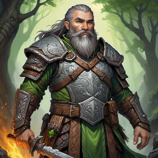 Prompt: Detailed DnD fantasy art of a heroic male dnd dwarf druid, weathered skin, black to grey hair, black to grey beard, traditional detailed painting,  intricate brown leather armor, detailed green belts, dramatic lighting, vibrant colors, high quality, game-rpg style, epic fantasy, traditional art,  detailed armour, dramatic lighting, heroic druid,  vibrant colors, high quality details, walking staff