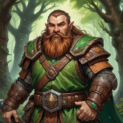 Prompt: Detailed DnD fantasy art of a heroic male dnd dwarf druid, weathered skin, traditional detailed painting,  intricate brown leather armor, detailed green belts, dramatic lighting, vibrant colors, high quality, game-rpg style, epic fantasy, traditional art,  detailed armour, dramatic lighting, heroic druid,  vibrant colors, high quality details,