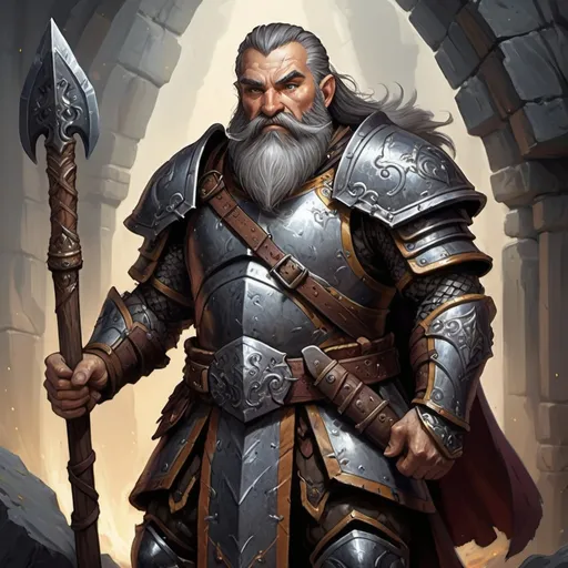 Prompt: Detailed DnD fantasy art of a heroic male dnd dwarf warrior, weathered skin, black to grey hair, black to grey beard, traditional detailed painting,  intricate Mithril armour, detailed brown belts, dramatic lighting, vibrant colors, high quality, game-rpg style, epic fantasy, traditional art,  detailed armour, dramatic lighting, heroic warrior,  vibrant colors, high quality details, Battle-axe