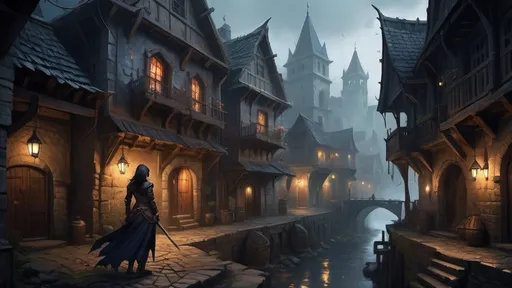 Prompt: DnD fantasy landscape with a murky city, detailed houses and taverns, atmospheric lighting, highres, fantasy, detailed architecture, immersive, murky tones, medieval, mysterious, foggy, bustling city, detailed alleys, ancient buildings, moody atmosphere, with a Detailed DnD fantasy art of a pretty heroic female dnd Rogue, Amita Suman facial twin, bonnie facial traits, Amita Suman body twin, black eyes, thick long tousled black hair, little cleavage, traditional detailed oil painting, intricate small darkblue in black leather armor,  detailed black belts, dramatic lighting, dark vibrant colors, high quality, game-rpg style, epic high fantasy, traditional art, detailed black leather armor, dramatic dark lighting, heroic rogue, fascinating, high quality details, Rapier in the hand, murky urban arabic background