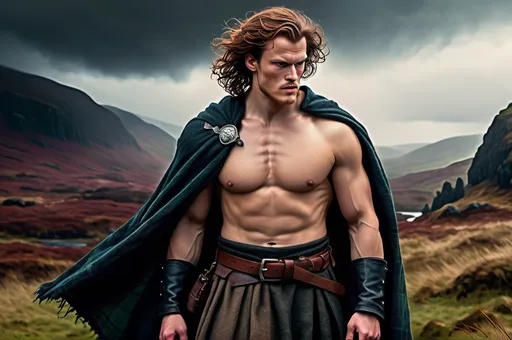 Prompt: Background in dramatic Scottish Highlands, dark vibrant colors, high quality, game-rpg style, epic high fantasy, traditional art, dramatic dark lighting, heroic fighter, fascinating, high quality details, atmospheric lighting, highres, fantasy,  immersive, murky tones, medieval, mysterious, foggy, moody atmosphere, broken Scottish Flag in the background, Sam Heughan, Kilt, Detailed DnD fantasy art of a heroic male fighter in the landscape, black eyes, thick long tousled redbrown hair, traditional detailed oil painting, low body fat, intricate detailed typical Scottish mens clothes, detailed black belts