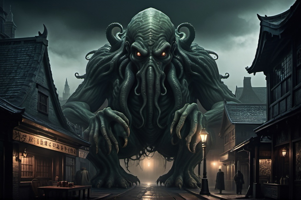 Prompt: Huge very detailed Cthulhu Dark fantasy landscape with a gloomy murky city, detailed houses and taverns, dark atmospheric lighting, highresolution, dark fantasy, detailed architecture, immersive, murky tones, dark eaarly 1920's mysterious, foggy, bustling city, detailed alleys, 1920's buildings, moody atmosphere, few mystic people hided in the shadows...Shoggoten monster is loitering around