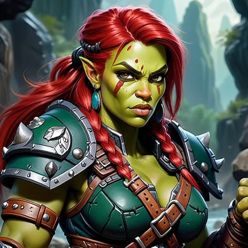 Prompt: Detailed DnD fantasy art of a cute pretty heroic female dnd half orc barbarian, lovely facial traits, green skin, red hair, detailed visible boar teeth at the mouth, detailed visible tusks at the mouth, traditional detailed painting, intricate small black leather armor, detailed black belts, dramatic lighting, vibrant colors, high quality, game-rpg style, epic fantasy, traditional art, detailed dark leather armor, dramatic lighting, heroic barbarian, fascinating dry muscles, large biceps, strong underarms, low body fat, vibrant colors, high quality details, impressive warhammer in the hand