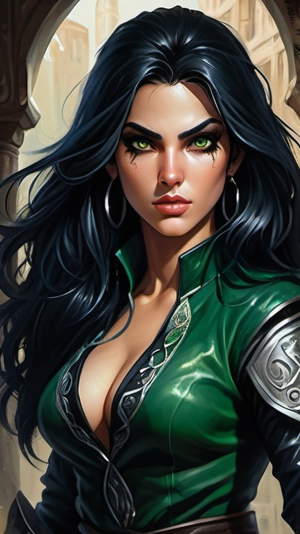 Prompt: Detailed DnD fantasy art of a pretty heroic female dnd Rogue, Amita Suman facial twin, bonnie facial traits, darkgreen eyes, thick long tousled black hair, traditional detailed oil painting, intricate small black leather armor,  detailed black belts, dramatic lighting, dark vibrant colors, high quality, game-rpg style, epic high fantasy, traditional art, detailed black leather armor, dramatic dark lighting, heroic rogue, fascinating, high quality details, Dagger, murky urban arabic background