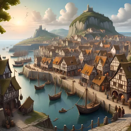 Prompt: Medieval fantasy landscape with bustling village and harbor, detailed architecture and cobblestone streets, lively townsfolk in period clothing, merchant ships docked, majestic castle on a hill, mystical fantasy lighting, high quality, detailed medieval architecture, bustling harbor, lively townsfolk, majestic castle, fantasy landscape, mystical lighting