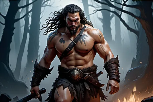 Prompt: Jason Momoa, Detailed DnD fantasy art of a heroic male goliath barbarian, black eyes, thick long tousled black hair, traditional detailed oil painting, detailed massive intricate muscles, low body fat, intricate detailed brown leather armour, detailed black belts, dramatic lighting, dark vibrant colors, high quality, game-rpg style, epic high fantasy, traditional art, dramatic dark lighting, heroic cleric, fascinating, high quality details, battlehammer in the hand, in a murky battlefield background, atmospheric lighting, highres, fantasy,  immersive, murky tones, medieval, mysterious, foggy, moody atmosphere, undead walking around