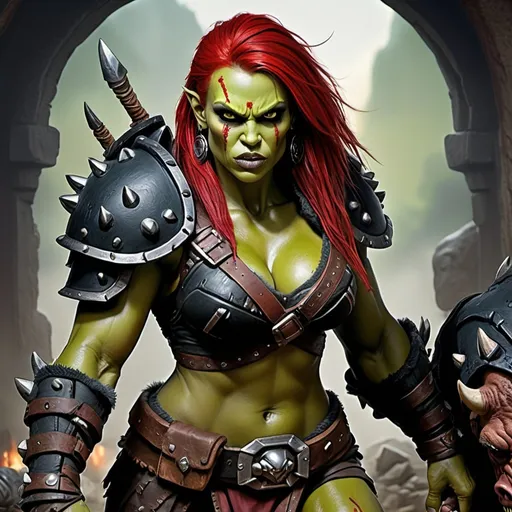 Prompt: Charlize Theron as female Orc, Detailed WoW fantasy art of a heroic female wild orc barbarian, lovely facial traits, green skin, red hair, detailed outstanding visible boar teeth at the mouth, detailed outstanding visible tusks at the mouth, traditional detailed painting, intricate small black leather armor, detailed black belts, dramatic lighting, dark vibrant colors, high quality, game-rpg style, epic fantasy, traditional art, detailed dark leather armor, dramatic lighting, heroic strong barbarian, fascinating dry muscles, large biceps, strong underarms, low body fat, vibrant colors, high quality details, impressive warhammer