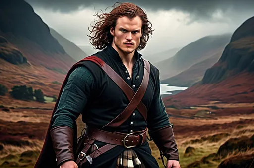 Prompt: Background in dramatic Scottish Highlands, dark vibrant colors, high quality, game-rpg style, epic high fantasy, traditional art, dramatic dark lighting, heroic fighter, fascinating, high quality details, atmospheric lighting, highres, fantasy,  immersive, murky tones, medieval, mysterious, foggy, moody atmosphere, broken Scottish Flag in the background, Sam Heughan, Kilt, Detailed DnD fantasy art of a heroic male fighter in the landscape, black eyes, thick long tousled redbrown hair, traditional detailed oil painting, low body fat, intricate detailed typical Scottish mens clothes, detailed black belts