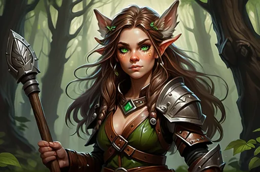 Prompt: Detailed DnD fantasy art of a pretty heroic female wood gnome druid, Natalie Portmann facial twin, cute facial traits, green eyes, thick long tousled syringa hair, little cleavage, traditional detailed oil painting, intricate small brown leather armor, detailed black belts, dramatic lighting, dark vibrant colors, high quality, game-rpg style, epic high fantasy, traditional art, detailed brown leather armor, dramatic dark lighting, heroic druid, fascinating, high quality details, wandering staff in the hand, in a murky forest background in a DnD fantasy landscape with detailed plants and trees, atmospheric lighting, highres, fantasy,  immersive, murky tones, medieval, mysterious, foggy, moody atmosphere, little birds flying around, dragonflies and butterflies flying around