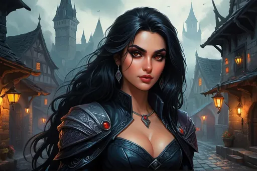 Prompt: Amita Sumanas facial twin, Detailed DnD fantasy art of a pretty heroic female dnd Rogue takes 15% of the picture, lovely facial traits, thick long tousled black hair, traditional detailed painting, intricate black leather armor,  detailed black belts, dramatic lighting, vibrant colors, high quality, game-rpg style, epic high fantasy, traditional art, detailed black leather armor, dramatic dark lighting, heroic rogue, fascinating, vibrant colors, high quality details, Dagger in the hand in a Huge very detailed DnD fantasy landscape with a murky city, detailed houses and taverns, atmospheric lighting, highres, fantasy, detailed architecture, immersive, murky tones, medieval, mysterious, foggy, bustling city, detailed alleys, ancient buildings, moody atmosphere