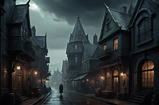Prompt: Huge very detailed Cthulhu Dark fantasy landscape with a gloomy murky city, detailed houses and taverns, dark atmospheric lighting, highresolution, dark fantasy, detailed architecture, immersive, murky tones, dark eaarly 1920's mysterious, foggy, bustling city, detailed alleys, ancient buildings, moody atmosphere, few mystic people hided in the shadows...