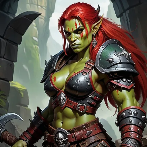 Prompt: Detailed DnD fantasy art of a heroic female dnd half orc barbarian, green skin, red hair, detailed visible tusks, traditional detailed painting, intricate small black leather armor, detailed black belts, dramatic lighting, vibrant colors, high quality, game-rpg style, epic fantasy, traditional art, detailed dark leather armor, dramatic lighting, heroic barbarian, fascinating dry muscles, large biceps, strong underarms, low body fat, vibrant colors, high quality details, impressive warhammer in the hand