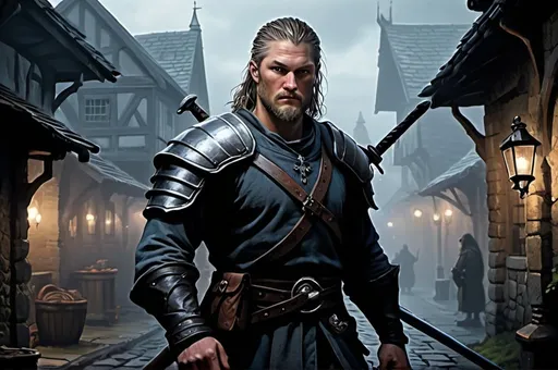 Prompt: travis Fimmel, Detailed DnD fantasy art of a heroic dnd fighter, black eyes, overhelming charismatic, slim ripped, slender and withy body, traditional detailed painting, detailed intricate fantasy full plate mail, dramatic lighting, vibrant colors, high quality, game-rpg style, epic high fantasy, traditional art, dramatic dark lighting, fascinating, dark gloomy vibrant colors, high quality details, small shoulder armor, small bracers, all clothes and armours in dull black, a two-handed-sword in the right hand, in a huge very detailed DnD fantasy city landscape with a murky ambiente, atmospheric lighting, highres, detailed architecture, medieval buildings, ancient streets, immersive, murky tones, medieval, mysterious, foggy, gloomy moody atmosphere, various habitans in the city background