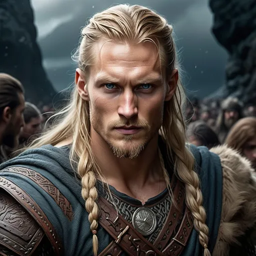 Prompt: Alexander Skarsgard, Detailed DnD fantasy art of a male Viking, many thick long tousled blonde hair with undercut, nordic facial tattoos, long full-bearded, traditional detailed painting, oil painting, detailed black belts, murky lighting, dark vibrant colors, high quality, game-rpg style, epic high fantasy, traditional art,  dramatic gloomy lighting, heroic Viking, fascinating, dark vibrant colors, high quality details,clothes with intricate nordic details, high quality detailed stormy and dramatic atmosphere, fierce expression, dynamic pose, Nordic runes, moody lighting