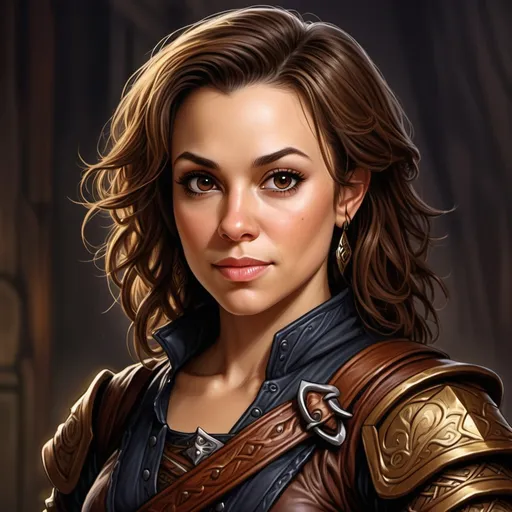 Prompt: Alyssa Milano, Detailed DnD fantasy art of a pretty heroic female dnd Halfling Rogue, lovely facial traits, dark brown hair,  traditional detailed painting, intricate small brown leather armor,  detailed black belts, dramatic lighting, vibrant colors, high quality, game-rpg style, epic high fantasy, traditional art, detailed leather armor, dramatic dark lighting, heroic rogue, fascinating, vibrant colors, high quality details, Rapier