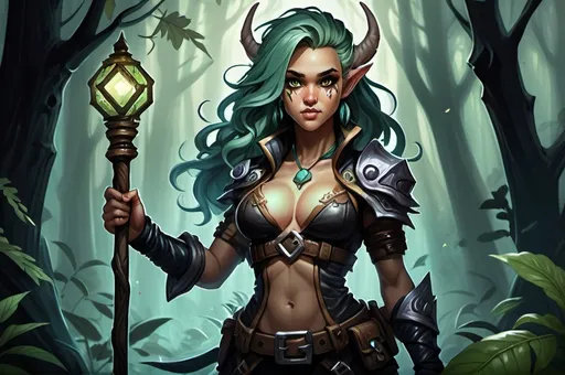 Prompt: Detailed DnD fantasy art of a pretty heroic female wood gnome druid, Jessica Alba facial twin, cute facial traits, black eyes, thick long tousled green hair, little cleavage, traditional detailed oil painting, intricate small brown leather armor, detailed black belts, dramatic lighting, dark vibrant colors, high quality, game-rpg style, epic high fantasy, traditional art, detailed brown leather armor, dramatic dark lighting, heroic rogue, fascinating, high quality details, wandering staff in the hand, in a murky forest background in a DnD fantasy landscape with detailed plants and trees, atmospheric lighting, highres, fantasy,  immersive, murky tones, medieval, mysterious, foggy, moody atmosphere