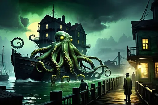 Prompt: Arkham Horror huge new york harbour landscape with many 1920's buildings and with dramatic lighting, H.P. Lovecraft athmosphere, dark vibrant colors, high quality, game-rpg style, epic high fantasy, traditional art, dramatic dark lighting, fascinating, high quality details, in a murky 1920#s American background surrounded by other people, atmospheric lighting, highres, fantasy, immersive, murky tones, mysterious, foggy, moody atmosphere, swimming horror green with yellow shadows octopus with slim eyes with small eyes, is attacking the dock workers, Investigators are shooting at the octopus