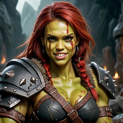 Prompt: Jessica Alba as female Orc, Detailed DnD fantasy art of a heroic female wild orc barbarian, cute facial traits, green skin, red hair, detailed outstanding visible boar teeth at the mouth, detailed outstanding visible tusks at the mouth, detailed huge fangs, traditional detailed painting, intricate small black leather armor, detailed black belts, dramatic lighting, dark vibrant colors, high quality, game-rpg style, epic fantasy, traditional art, detailed dark leather armor, dramatic lighting, heroic strong barbarian, fascinating dry muscles, large biceps, strong underarms, low body fat, vibrant colors, high quality details, impressive warhammer