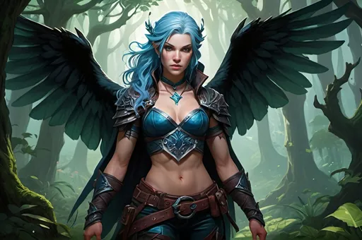 Prompt: Detailed highres DnD fantasy art of a heroic female ranger with bonnie facial traits, Alissa White Gluz facial twin, immensive thick long exuberant tousled iceblue hair, extraordinary gorgeous bonnie and precious and clear facial traits, black eyes, black eyeliner, visible six-pack belly, detailed intricate bellyfree huge darkbrown in darkgreen fantasy leather armour, visible six-pack belly, slender and muscular body, visible black leather trousers, small shoulder armor, small bracers, small cleavage, traditional detailed painting, dramatic lighting, vibrant colors, high quality, game-rpg style, epic high fantasy, traditional art, dramatic dark lighting, fascinating, dark gloomy vibrant colors, high quality details, dramatic lighting, vibrant colors, enormous high quality, game-rpg style, epic fantasy, traditional art, dramatic lighting, fascinating, low body fat, vibrant colors, high quality details, dark gloomy, high quality details, in a very detailed DnD forest landscape with detailed trees and detailed bushes, in the background birds and butterflies are flying around, atmospheric lighting, highres, fantasy, immersive, mysterious