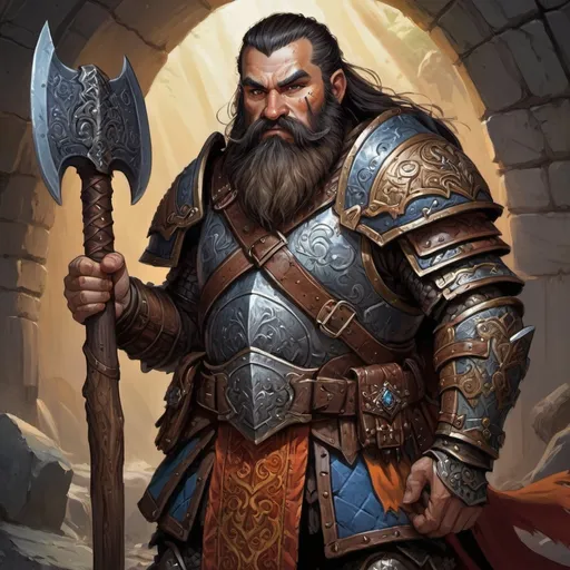 Prompt: Detailed DnD fantasy art of a heroic male dnd dwarf warrior, weathered skin, black hair, black long beard, traditional detailed painting,  intricate Mithril armour, detailed brown belts, dramatic lighting, vibrant colors, high quality, game-rpg style, epic fantasy, traditional art,  detailed armour, dramatic lighting, heroic warrior,  vibrant colors, high quality details, Nordic Axe